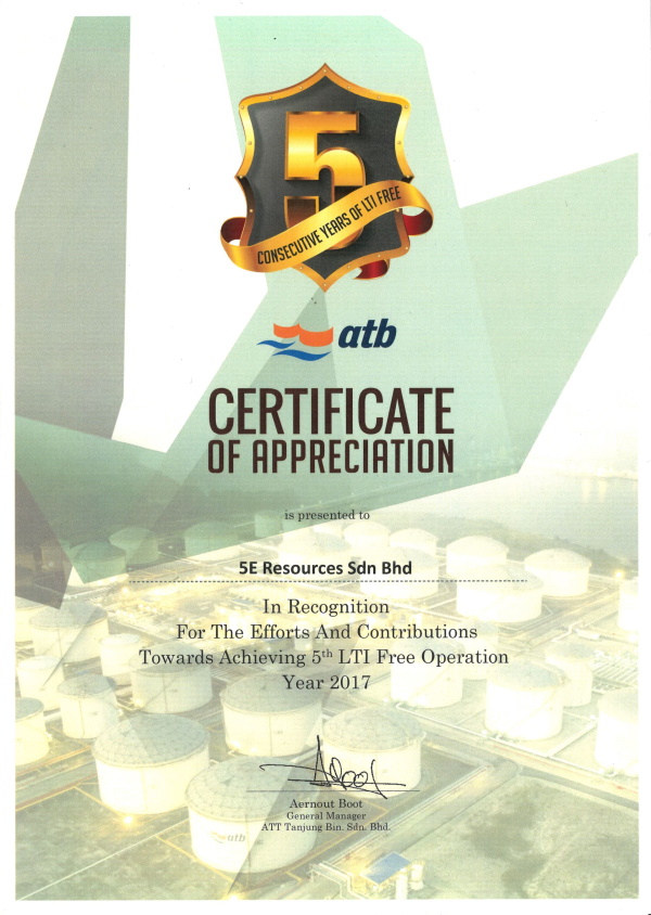 Appreciation Certificate from ATT Tanjung Bin Sdn Bhd